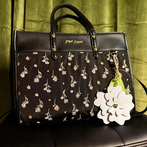 Betsey Johnson Black Floral Embroidered Tote Crossbody Bag Flower Charm NWT